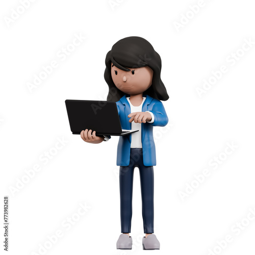 A woman is standing in front of a laptop computer. She is wearing a blue business suit