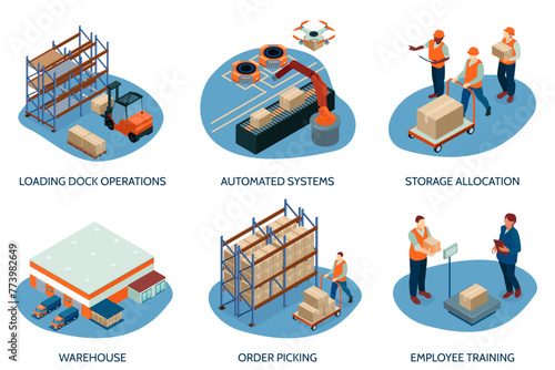 Isometric warehouse mini illustration set