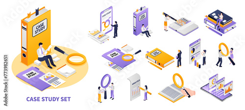 Case study illustration and icons in isometric view © Macrovector