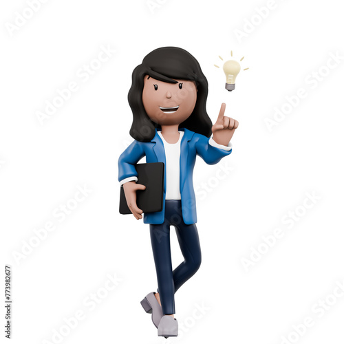 A woman in a blue suit holding a black laptop. She is pointing to an idea. Concept of a woman working on a project or idea, and the importance of having a clear and focused thought