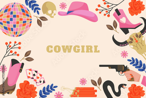 Cowgirl flat hand drawn cartoon background © Macrovector