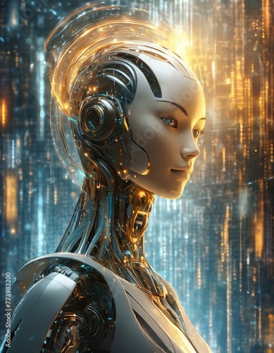  a humanoid AI robot, designed to resemble a young woman, set against an abstract digital background