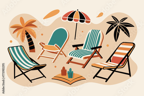 Collection of minimalistic  reclining chair on the beach sticker ,Has a black border, vintage boohoo ,white background