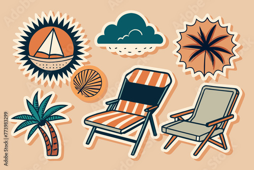 Collection of minimalistic  reclining chair on the beach sticker ,Has a black border, vintage boohoo ,white background