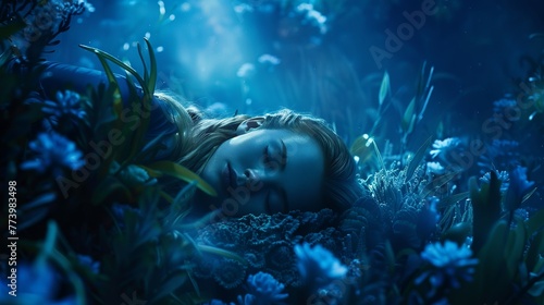a Caucasian woman sleeping peacefully among sea plants at the ocean's floor, immersed by the gentle glow of the moonlight