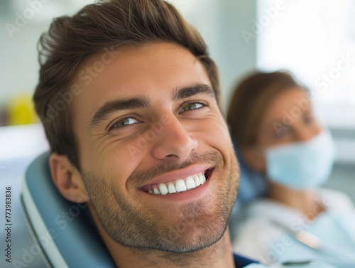 A smiling man sitting in a dental chair while a dentist examines