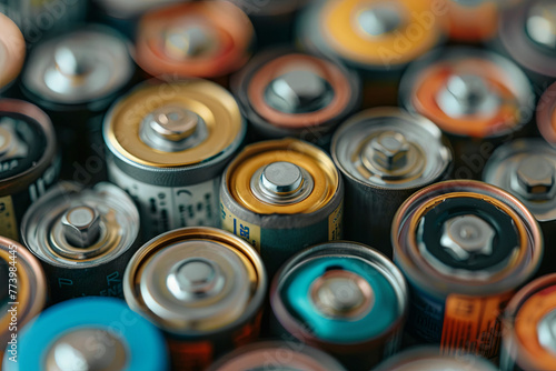 Closeup of various types of batteries in a recycling facility, promoting proper disposal and environmental consciousness