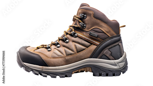 A sturdy pair of hiking boots set against a crisp white background photo