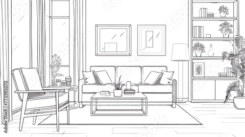 Living room Interior one line drawing flat vector isolated