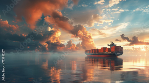 A cargo ship cruises on calm seas under a sky filled with fiery clouds as the sun sets