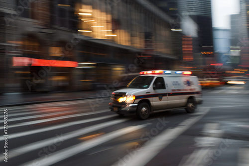A fast traffic of a medical ambulance vehicle at speed in the city, blurry car and city background  photo