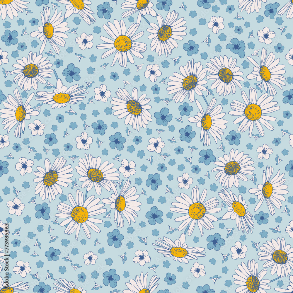Seamless patterns with chamomile flowers, meadow and hand drawn forget-me-nots on a blue background vector illustration. Cute summer wallpaper. Seamless patterns with chamomile flowers, meadow and hand drawn forget-me-nots on a blue background vector illustration. Cute summer wallpaper.