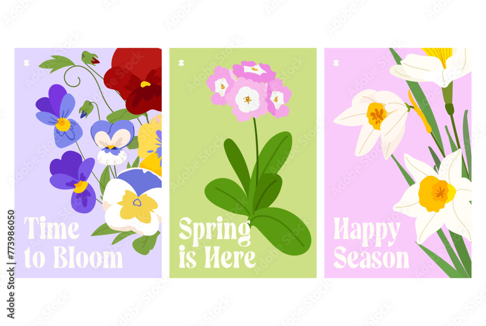 Fototapeta premium Collection of colorful spring greeting cards vector set. Elegant floral background with garden flower and leaves. Vertical poster or flyer, cover, print