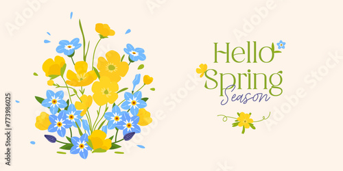 Cute Hello Spring banner or horizontal poster for spring holidays with yellow buttercup and forget-me-nots myosotis flower. Floral Background for Easter, Mothers Day, greetings, invite card, print