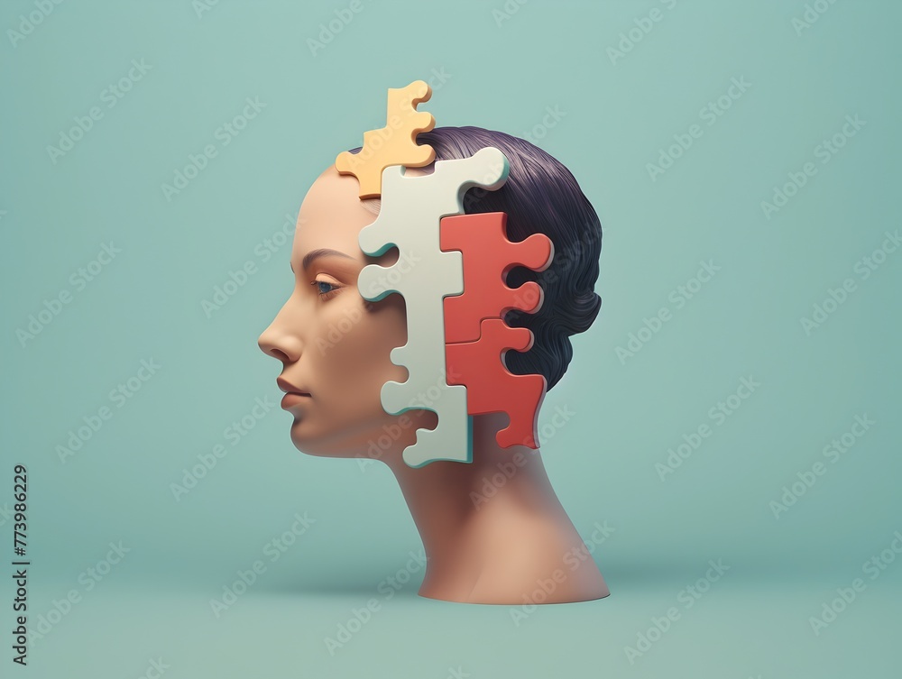 Introspective Puzzle Shaped Head Symbolizing Creative Problem Solving in a Surreal Digital Landscape Introspective Puzzle Shaped Head Symbolizing Creative Problem Solving in a Surreal Digital Landscape