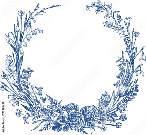 Flower wreath. Botanical illustration. Blue drawing. Wedding invitation.