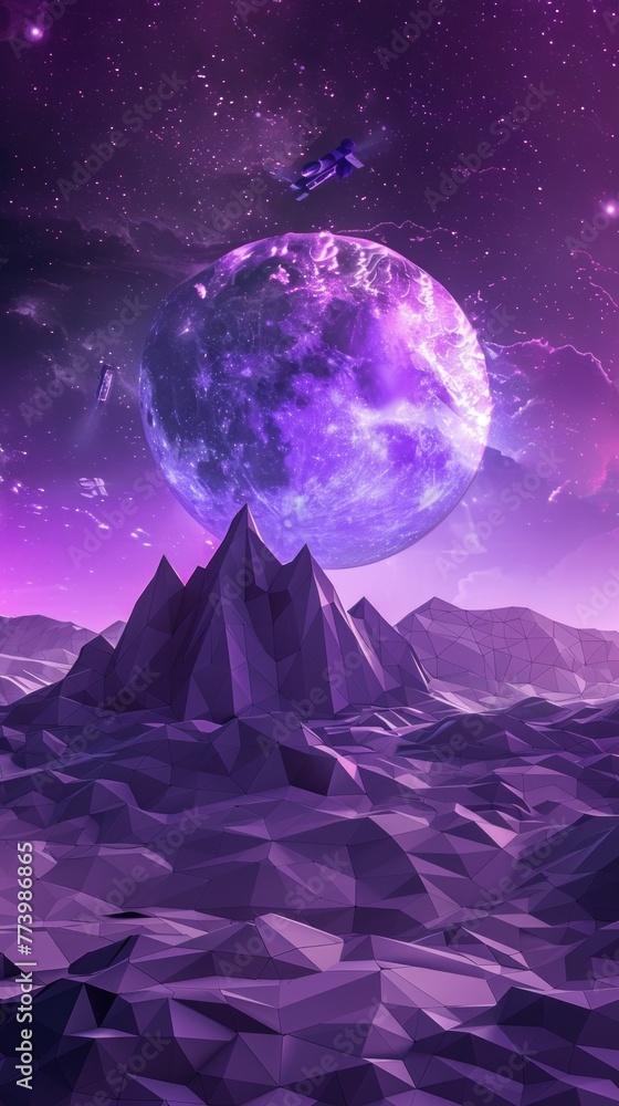 Lavender triangle polygon backdrop with a space station orbiting a planet, abstract scifi in serene 3D Lavender triangle polygon backdrop with a space station orbiting a planet, abstract scifi in serene 3D