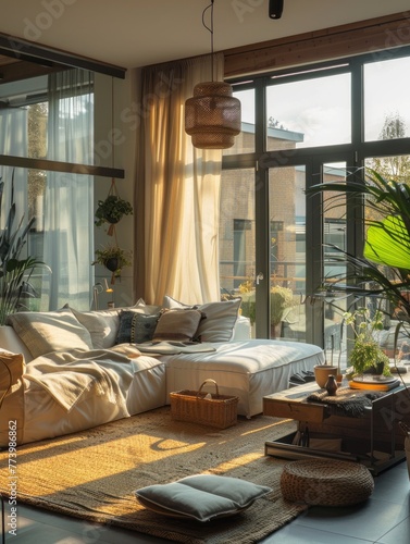 apartment with sofa over window and flower in pot