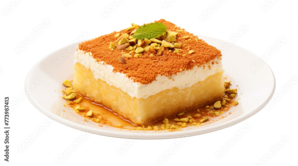 A delectable piece of cake sits elegantly on a pristine white plate A delectable piece of cake sits elegantly on a pristine white plate
