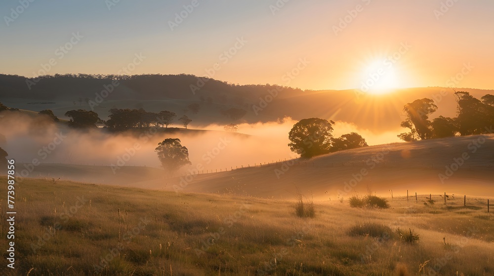 Ethereal Misty Morning Sunrise Over Tranquil Countryside