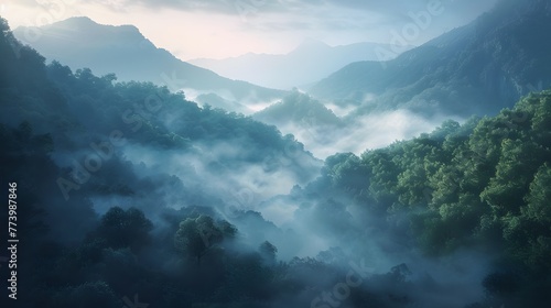 Ethereal Misty Valley at Sunrise with Lush Greenery