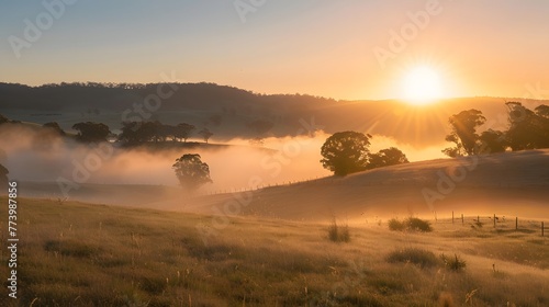 Ethereal Misty Morning Sunrise Over Tranquil Countryside