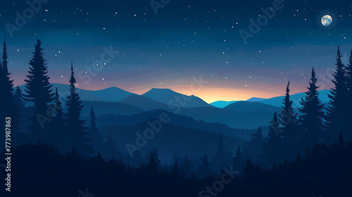 Starry night sky over a serene mountainous landscape with a bright moon and galactic backdrop