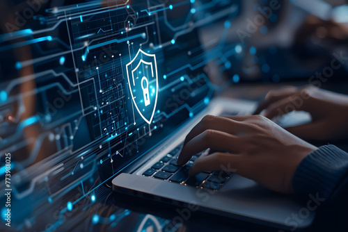 A person's hands are typing on their laptop with an abstract digital shield and keyhole icon hovering above a keyboard. Concepts of network security, private access, and data protection. 