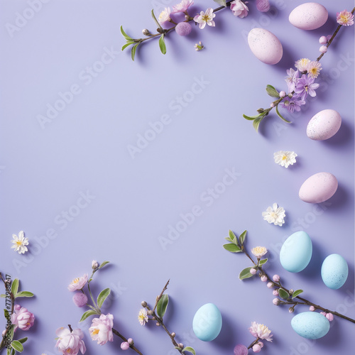 Easter eggs on purple background  happy easter  floral