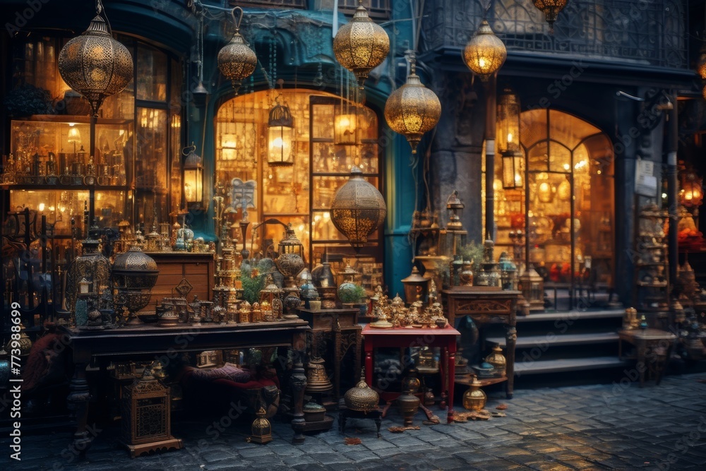 Enchanting antique shop storefront with vintage lamps and mysterious trinkets at dusk