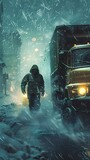 Delivery Driver Braving Snowstorm at Night for Timely Delivery