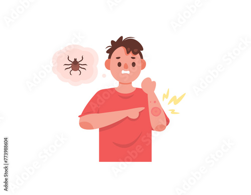 Lyme disease. a man with a reddish rash on the skin of his arms. a disease caused by bacteria transmitted by the bite of a deer tick. health problems. flat style character illustration design. graphic