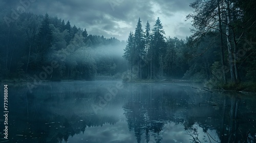 a dark and foggy ethereal forest, misty lake in foreground photo
