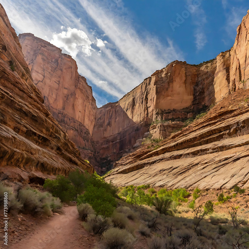 Scenic desert canyon trail with towering sandstone walls under a partly cloudy sky