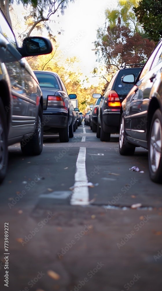 Tight Parallel Parking on a Tree-Lined City Street at Dusk Tight Parallel Parking on a Tree-Lined City Street at Dusk