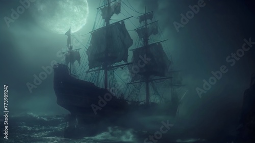 Sailing the Seas of Spectres: A Haunted Ship's Eerie Voyage Through the Mist photo