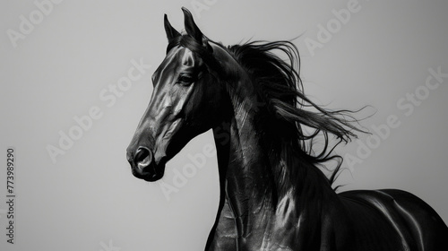 Black stallion with a flowing mane stands in profile, exuding elegance and power