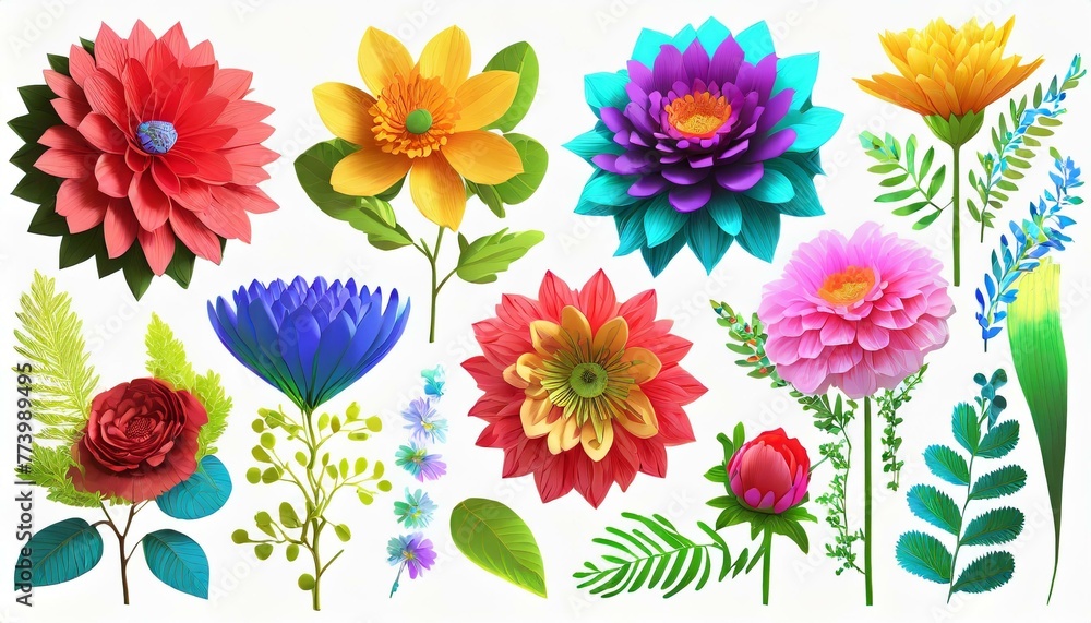 Whimsical Wonderland: Vibrant 3D Render of Digital Illustration with Vivid Paper Flowers