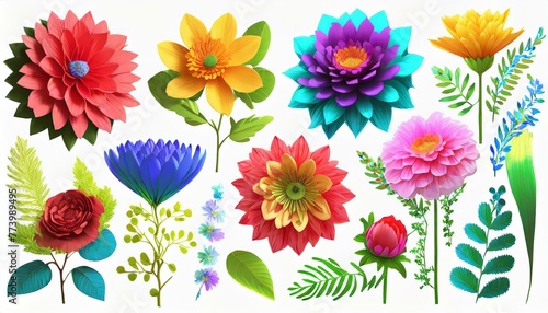 Whimsical Wonderland: Vibrant 3D Render of Digital Illustration with Vivid Paper Flowers"