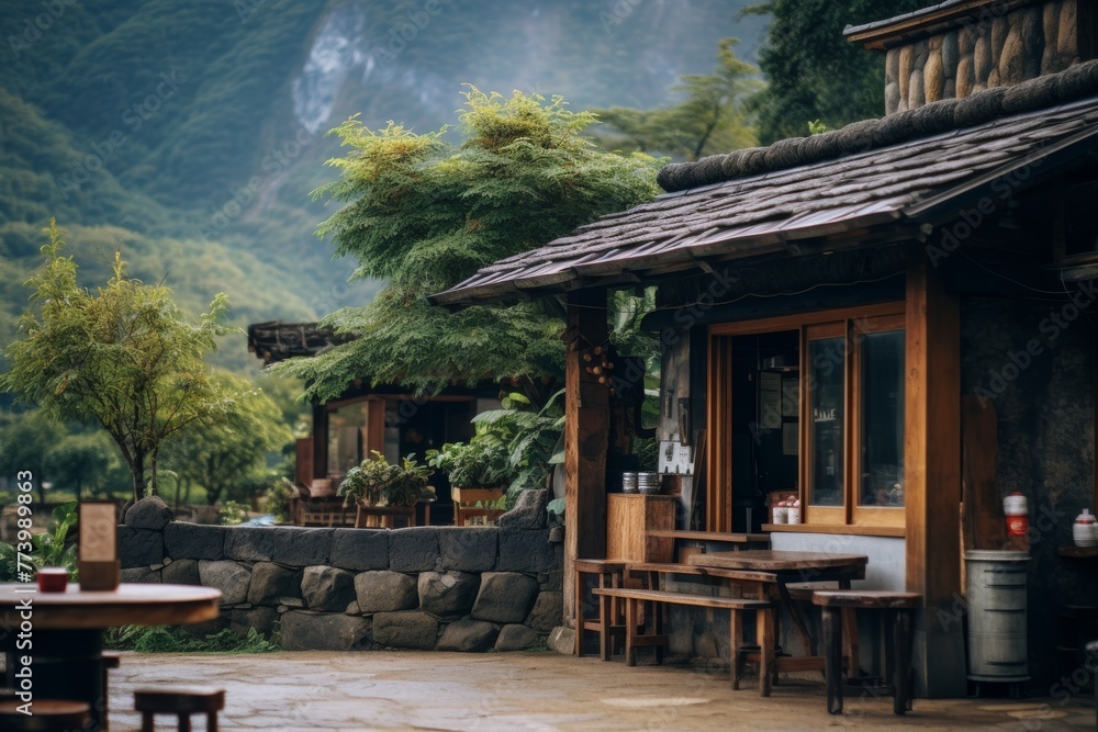 Tranquil mountain village cafe with lush greenery and traditional architecture