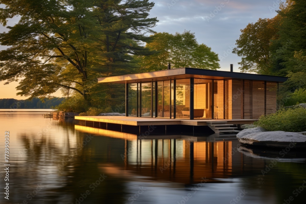 Serene lakeside retreat with modern cabin at sunset Serene lakeside retreat with modern cabin at sunset