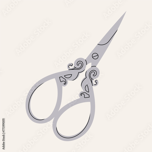 Metal vintage scissors with grey handles. Sewing or tailoring tools kit single icon in flat style vector symbol stock illustration. Illustration with various scissors for grooming.
