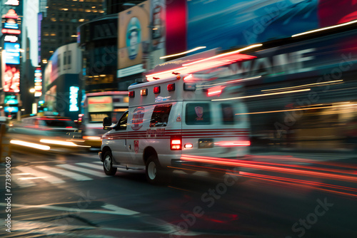 A fast traffic of a medical ambulance vehicle at speed in the city, blurry car and city background 