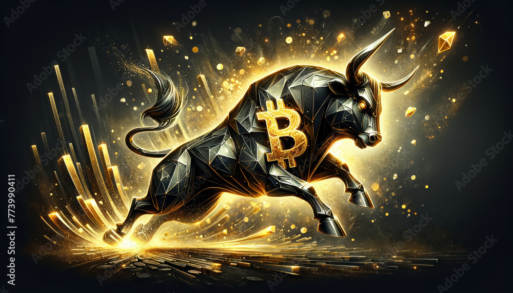Naklejka premium illustration of a stylized metal bull in dynamic pose, with symbol bitcoin on black background