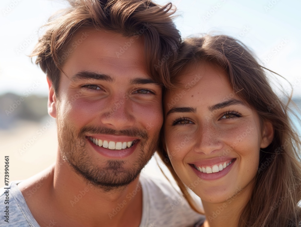 A smiling couple showing off their new smiles after cosmetic dental procedures A smiling couple showing off their new smiles after cosmetic dental procedures