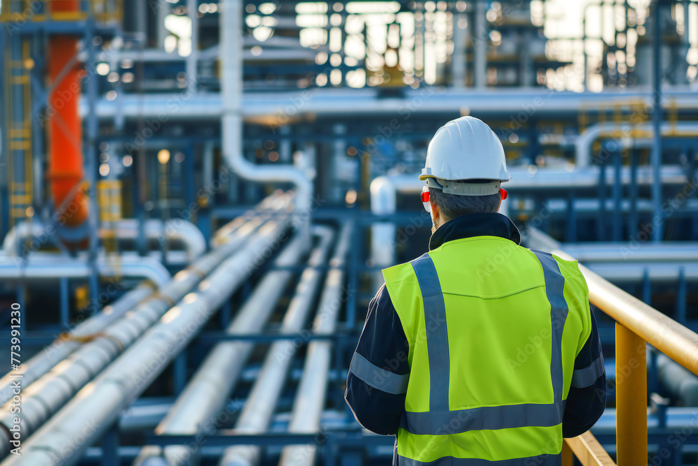 Back view of engineer wearing safety clothes and hardhat at Pipeline and pipe rack of petroleum industrial plant Back view of engineer wearing safety clothes and hardhat at Pipeline and pipe rack of petroleum industrial plant