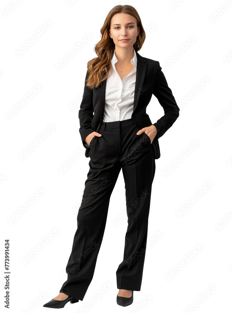 Young woman is standing in a black suit and white shirt isolated on transparent background Young woman is standing in a black suit and white shirt isolated on transparent background
