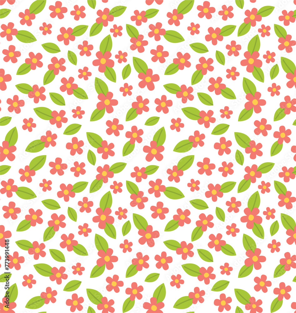 Seamless colorful pattern with small flowers and leaves. Vector cartoon backdrop in flat style