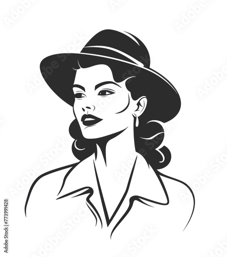 Detailed black and white illustration of a woman with a stylish hat isolated on transparent background