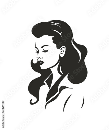 Detailed black and white illustration of a woman isolated on transparent background